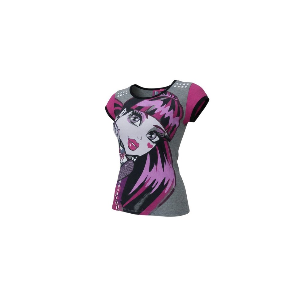 Monster High Graphic Tee Girls M 7/8 Gray Pink Draculaura Studded Shirt